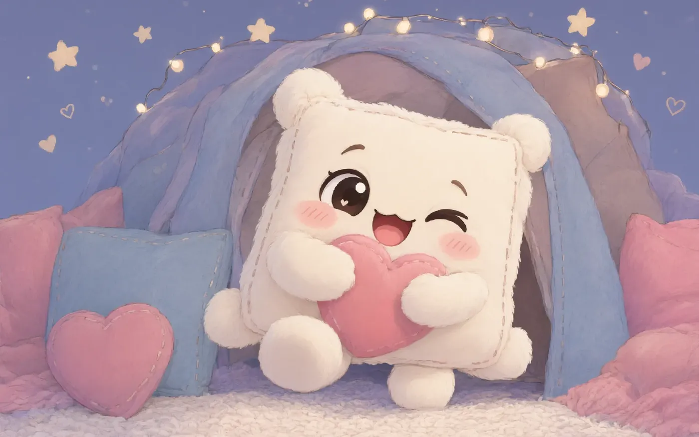 The pillow mascot peeking out of a blanket fort strung with little lights under a starry sky